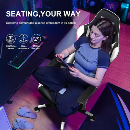 White Ergonomic Gaming Chair With Footrest And Height Adjustable