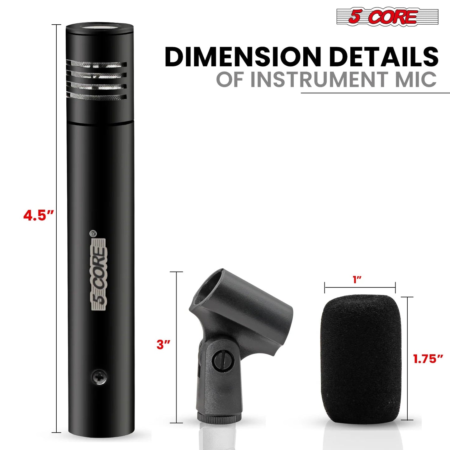 5Core Instrument Microphone Professional XLR Cardioid Pencil Stick