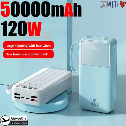50000mAh Power Bank Large Capacity Mobile Power Fast Charging Multi Port Digital Display With 4 Cables For iPhone Samsung Xiaomi