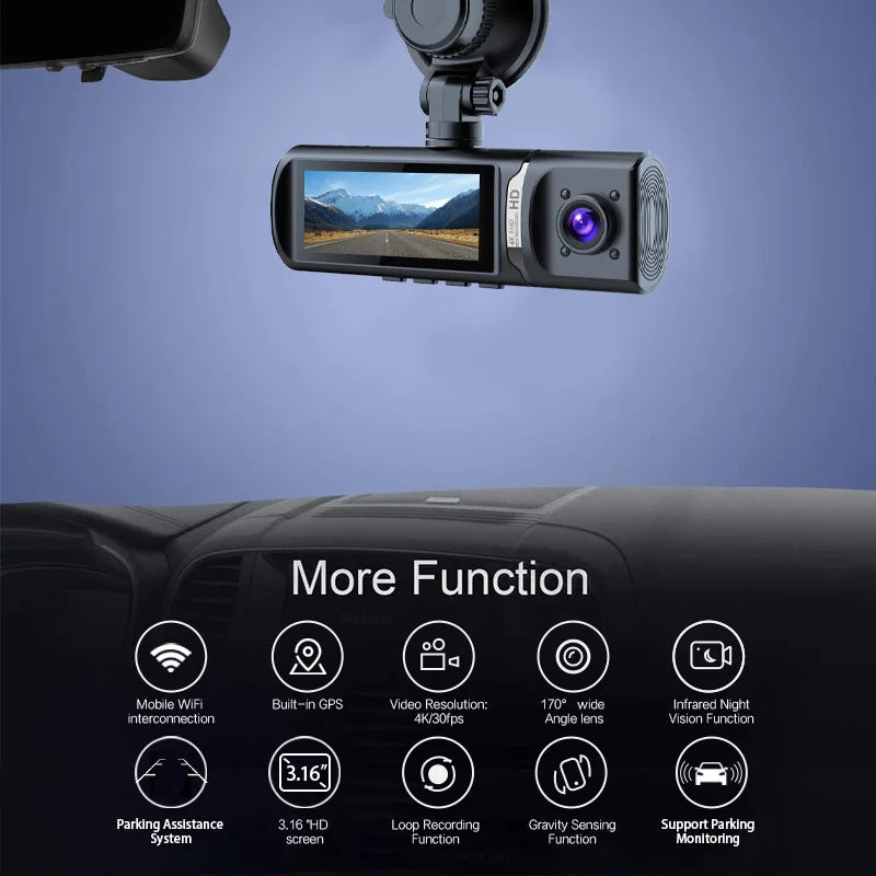 4K UHD 3 Channel Dash Cam with 5G WiFi, Night Vision, GPS & Loop Recording