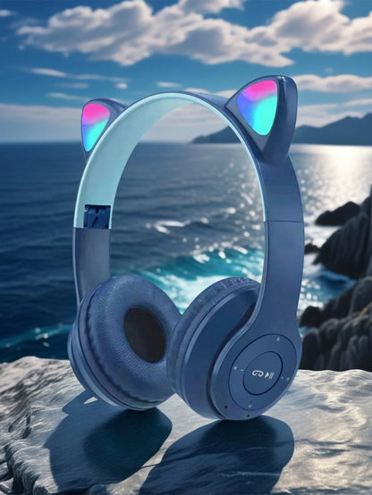 Fashionable foldable cool glowing cat-ear over-ear headphones,