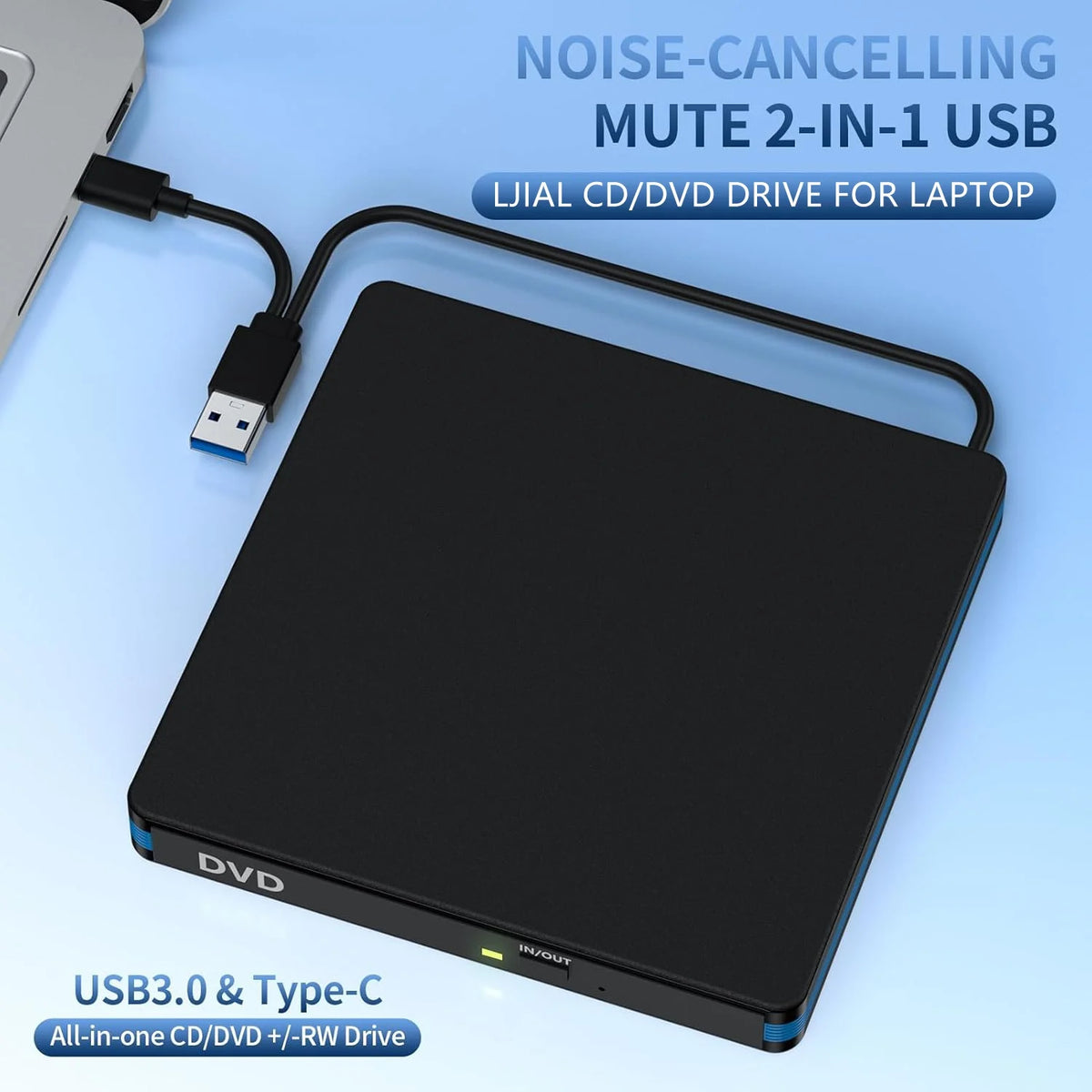 External CD/DVD Drive with Mute Design，USB 3.0/Type-C Portable CD DVD