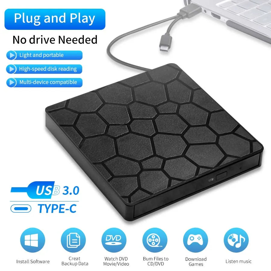 Slim 2-in-1 External DVD RW Writer Reader Player Burner USB 3.0 Type C