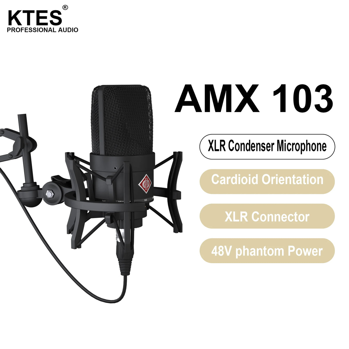 AMX 103 XLR Condenser Microphone 48V Phantom Power Mic for Audio