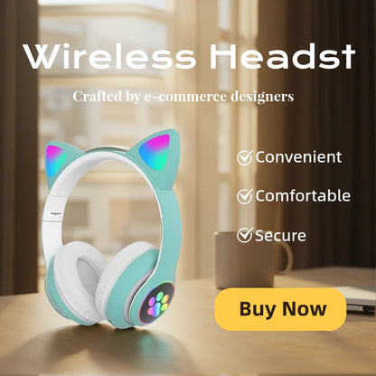 Cat Shaped Wireless Bluetooth Earphones Handsfree Earbuds with