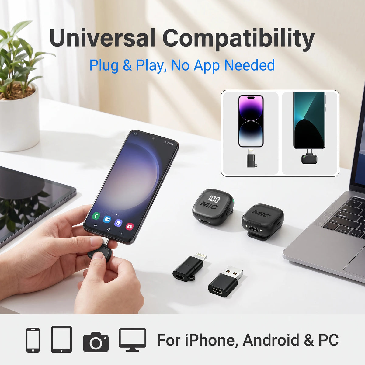Mini Wireless Clip-On Microphone, Smart Noise Reduction, Long Battery