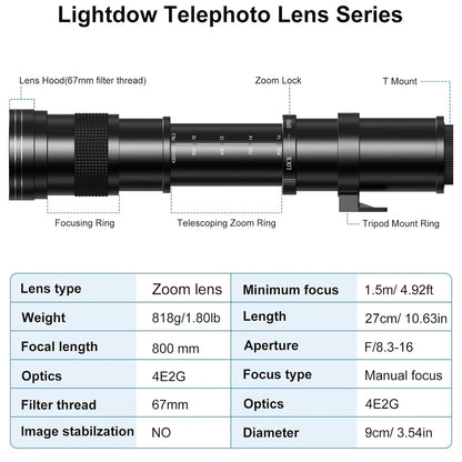 Lightdow 420-800mm F8.3-F16 Manual Zoom Super Telephoto Lens with T