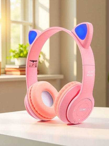 Fashionable foldable cool glowing cat-ear over-ear headphones,