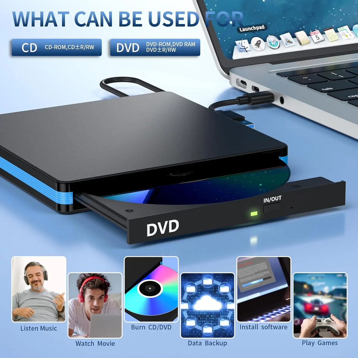External CD/DVD Drive with Mute Design，USB 3.0/Type-C Portable CD DVD