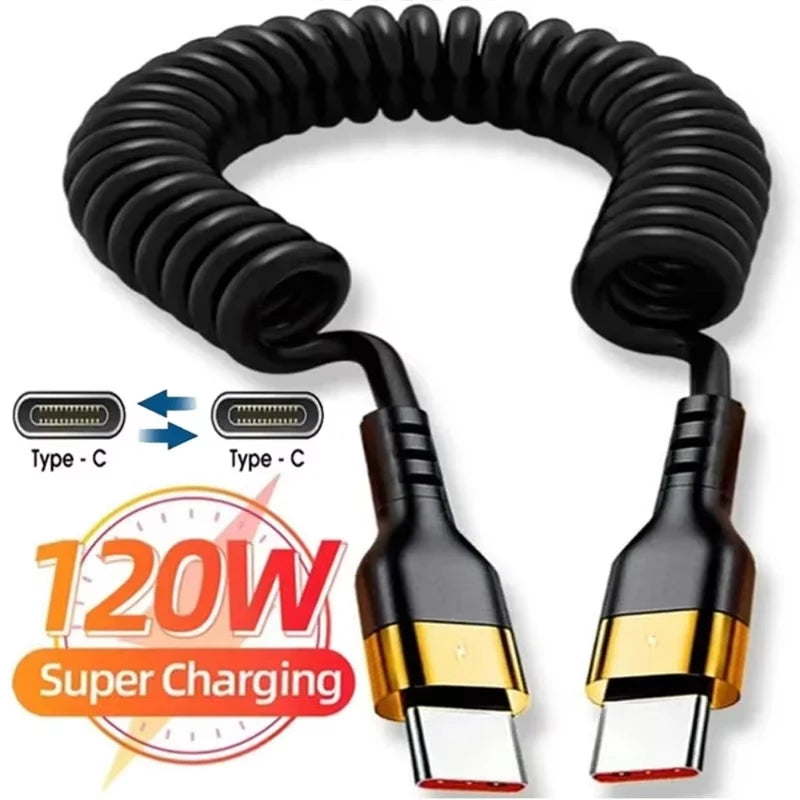 PD 120W Type C To Type C Cable 5A Fast Charge USB C Spring Car Charger