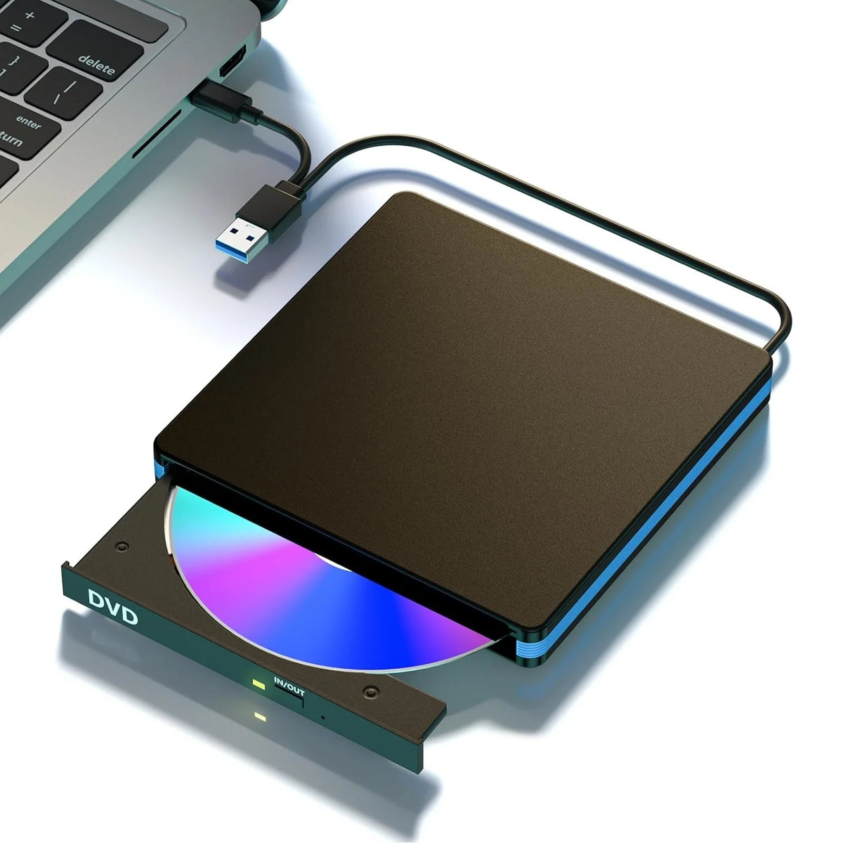 External CD/DVD Drive with Mute Design，USB 3.0/Type-C Portable CD DVD