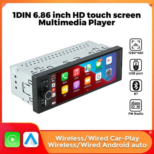 1Din Wireless CarPlay Android AUTO HD touch screen Universal 6.86''