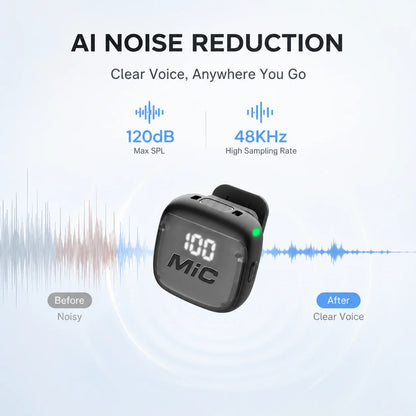 Mini Wireless Clip-On Microphone, Smart Noise Reduction, Long Battery