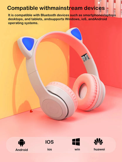 Fashionable foldable cool glowing cat-ear over-ear headphones,