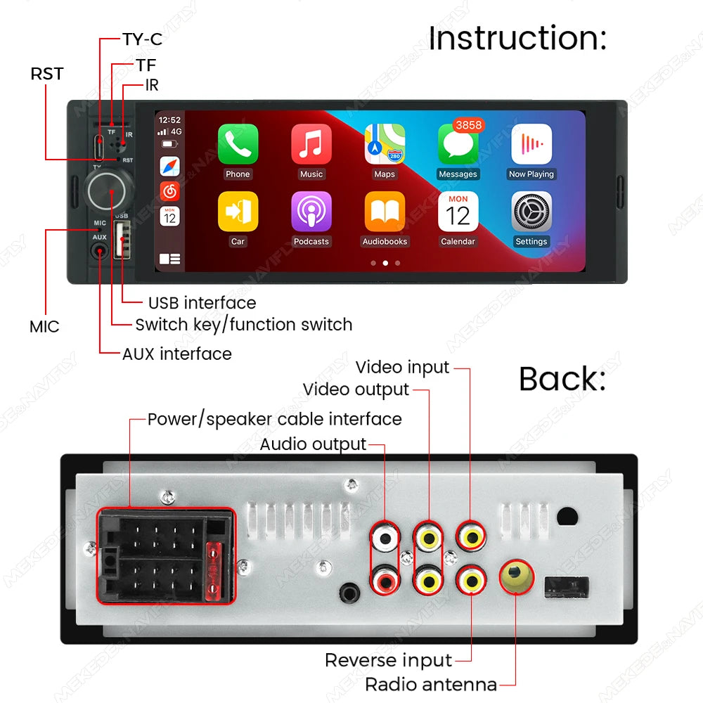 1Din Wireless CarPlay Android AUTO HD touch screen Universal 6.86''