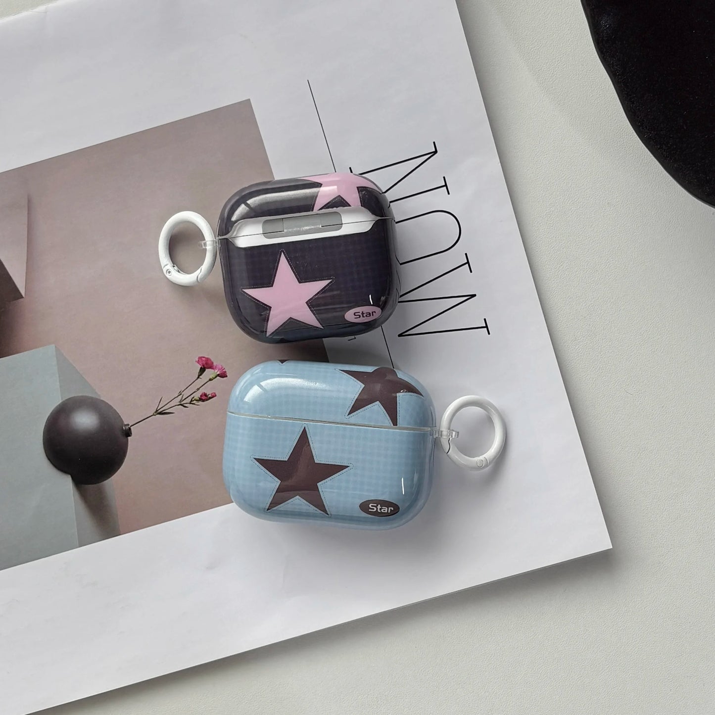 Y2K Style Fashion Blue Pink Five-Pointed Star Check Pattern Protective
