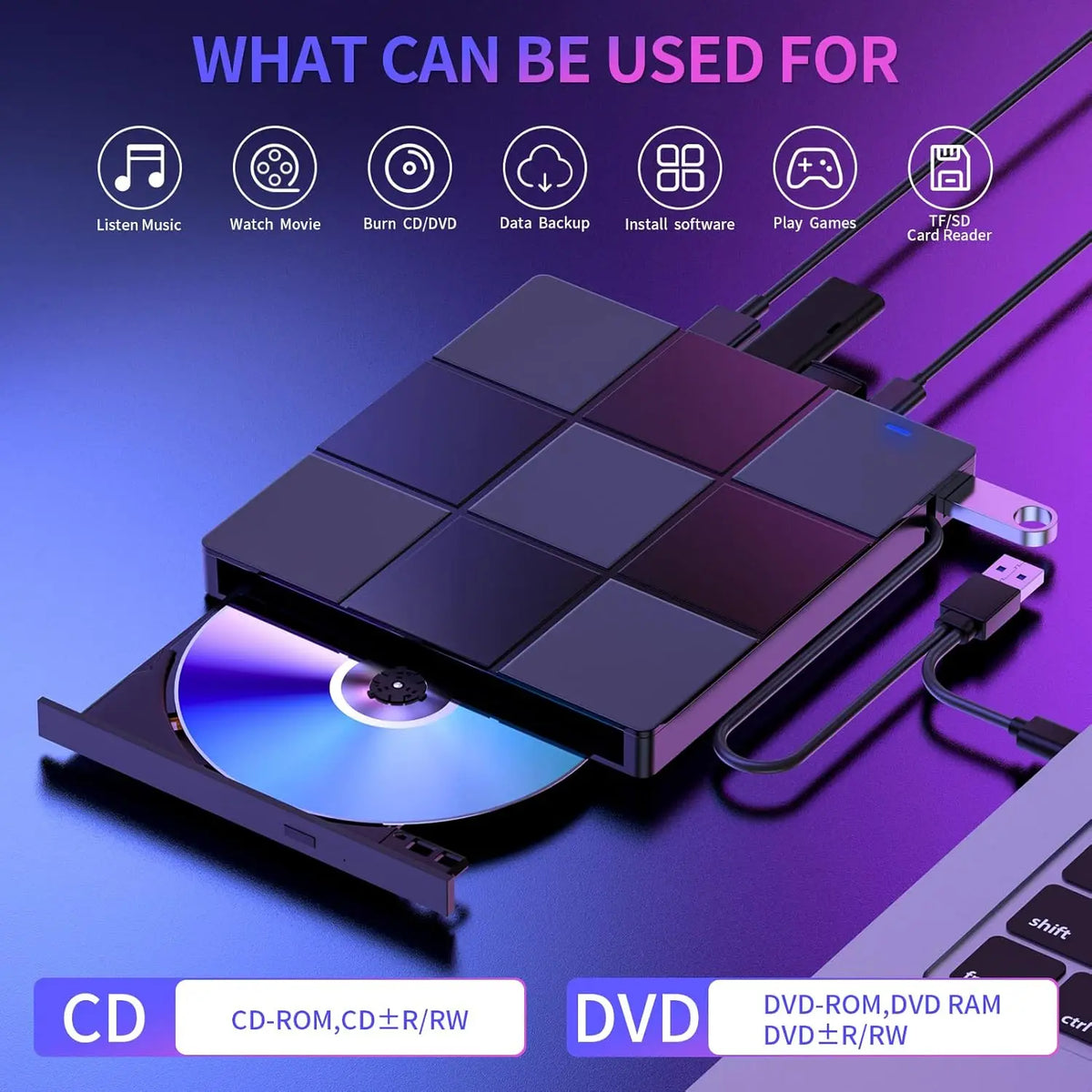 External CD/DVD Drive, DVD Player for Laptop, USB 3.0 Ultra-Slim