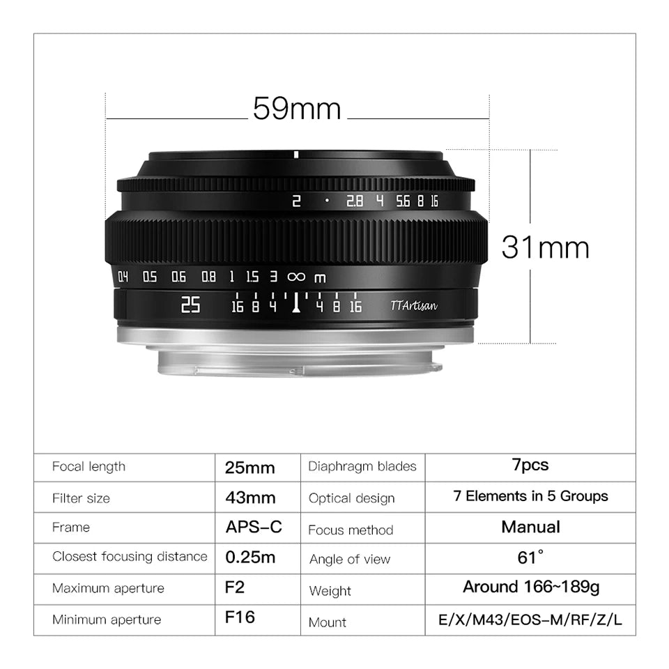 TTARTISAN 25mm F2 APS-C MF Portrait Photography Camera Lens for Sony