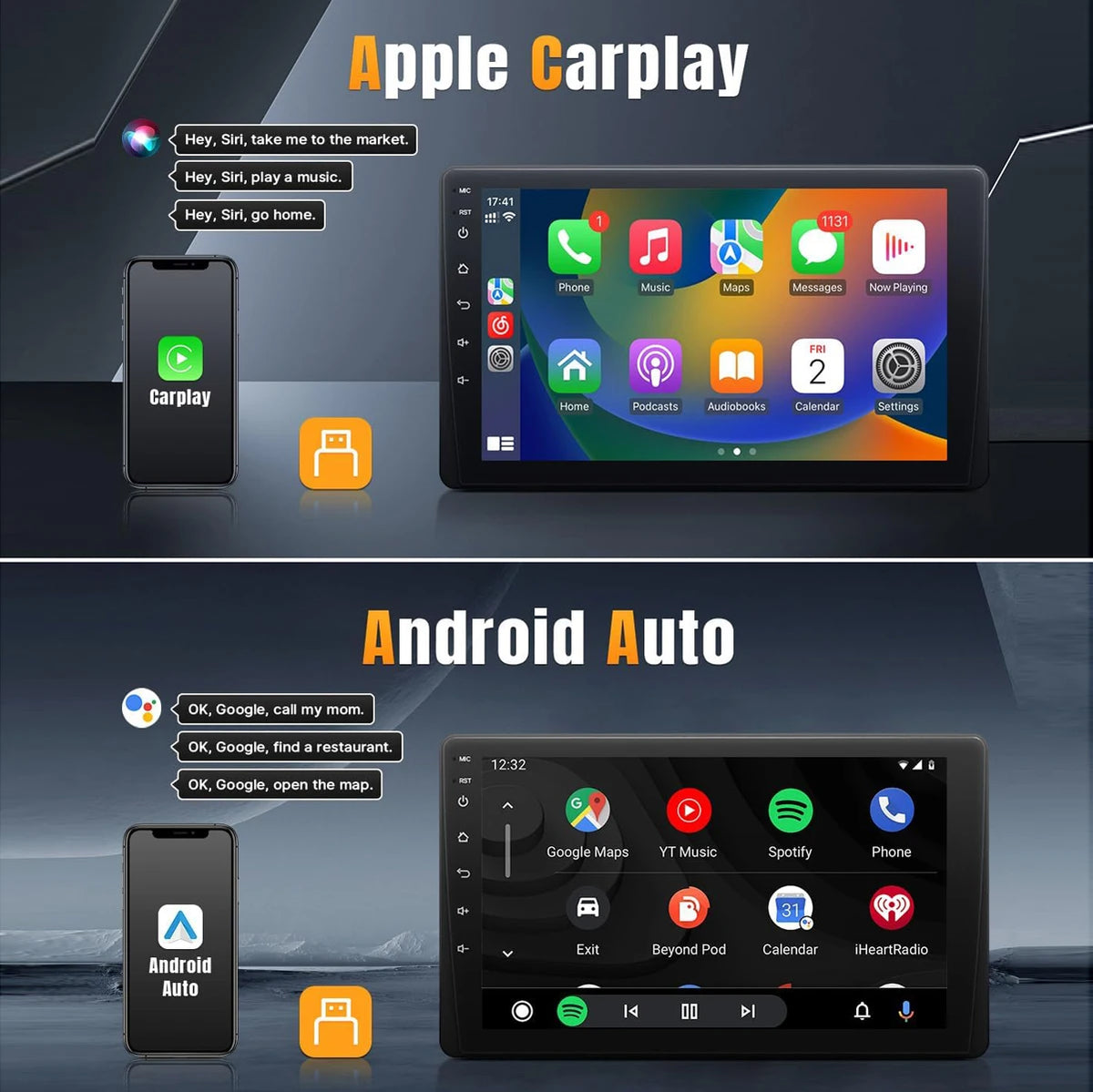 9 Inch Car Stereo Single Din Radio with Apple Carplay and Android