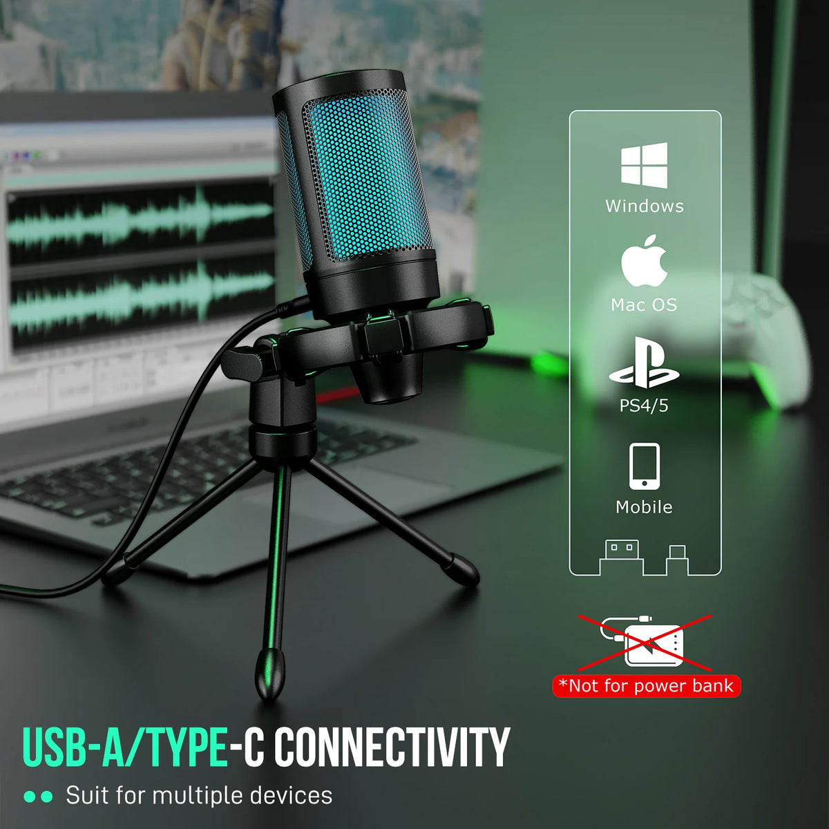 AmpliGame by FIFINE RGB USB Gaming Microphone with Light-touch
