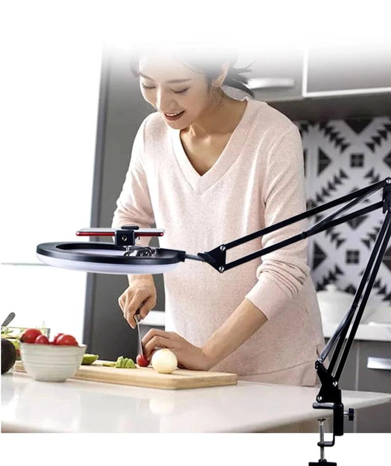 Overhead Tripod with Ring Light for Mobile Cell Phone Desktop Video