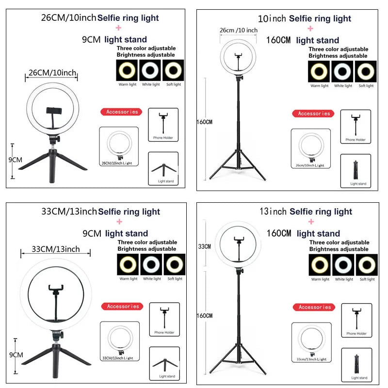 26 33CM Video Lights Dimmable Light Selfie LED Ring Light USB Ring