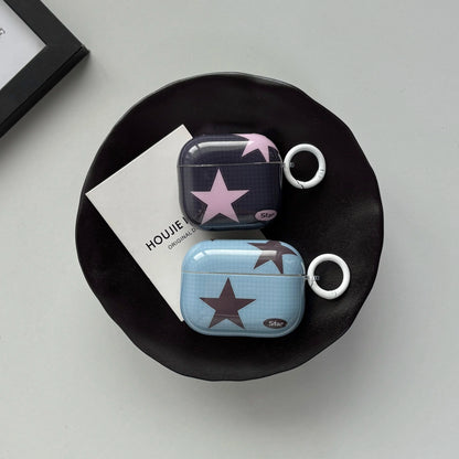 Y2K Style Fashion Blue Pink Five-Pointed Star Check Pattern Protective