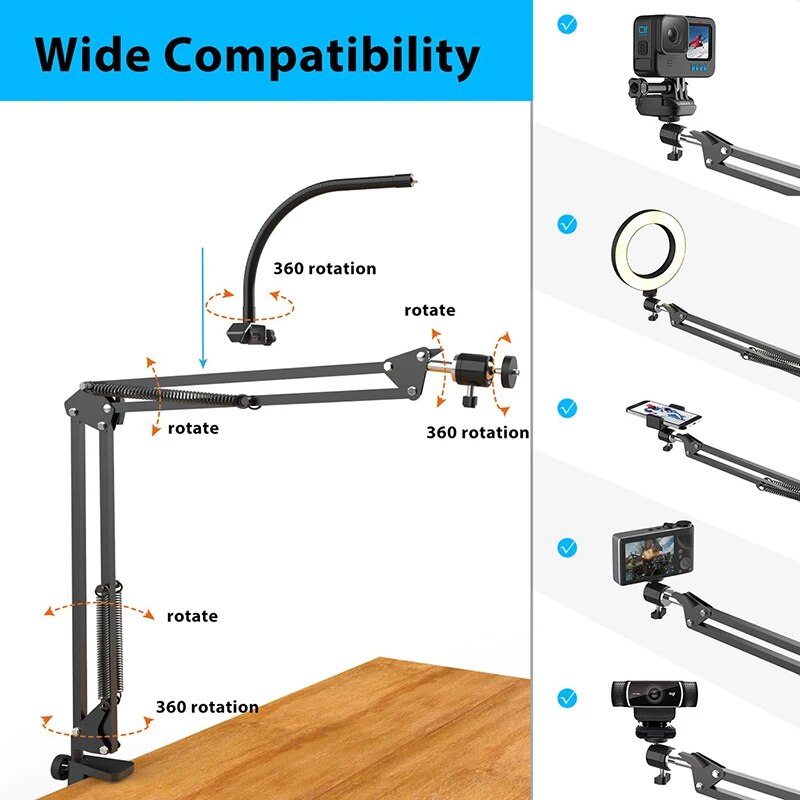 Overhead Tripod for Phone with Ring Light Desktop Cellphone Bracket