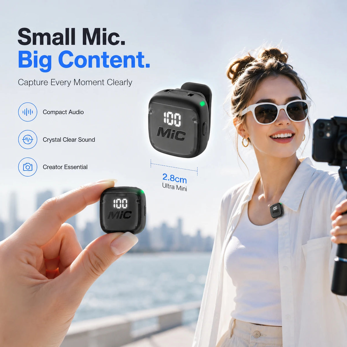Mini Wireless Clip-On Microphone, Smart Noise Reduction, Long Battery