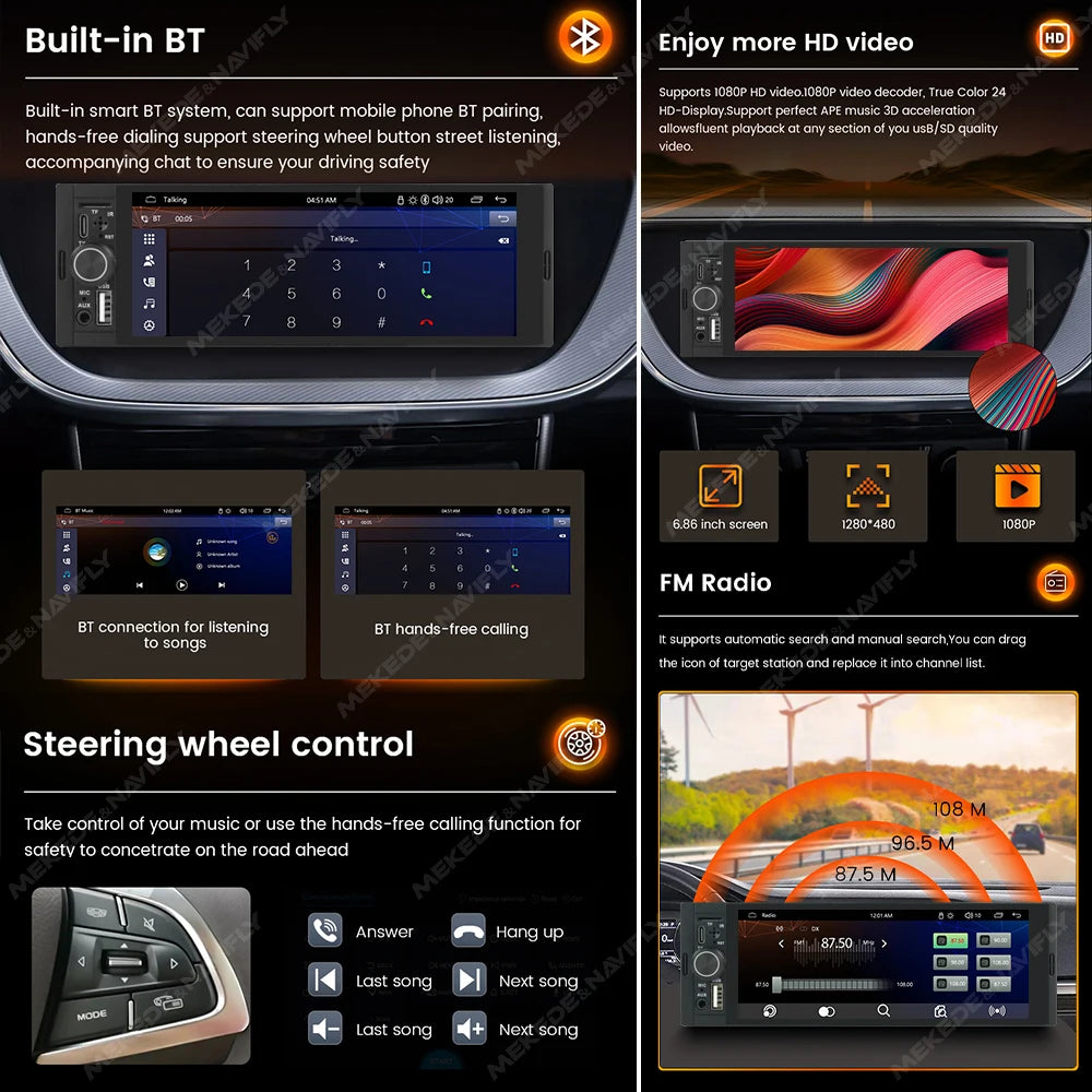 1Din Wireless CarPlay Android AUTO HD touch screen Universal 6.86''