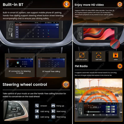 1Din Wireless CarPlay Android AUTO HD touch screen Universal 6.86''