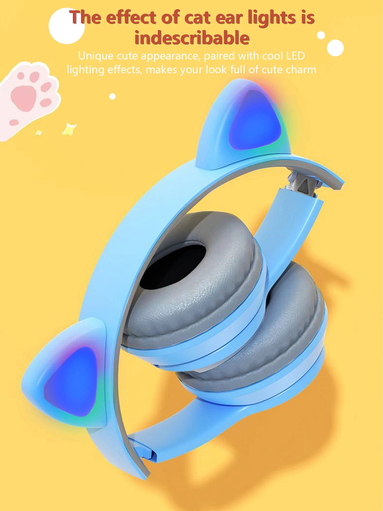 Fashionable foldable cool glowing cat-ear over-ear headphones,