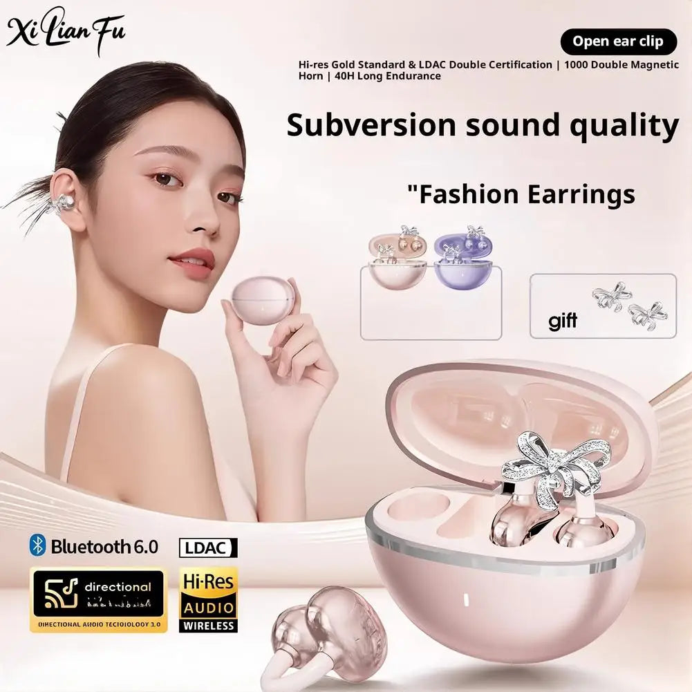 Bluetooth Earphones Shining Bow Clip Fashionable Wireless Headphones
