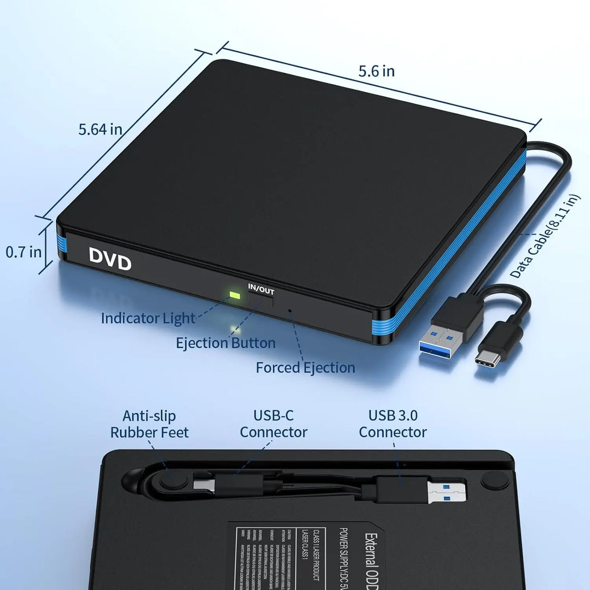 External CD/DVD Drive with Mute Design，USB 3.0/Type-C Portable CD DVD