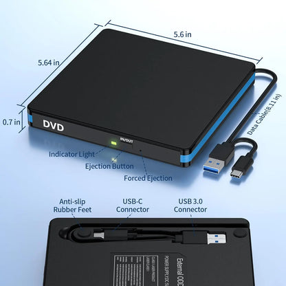 External CD/DVD Drive with Mute Design，USB 3.0/Type-C Portable CD DVD