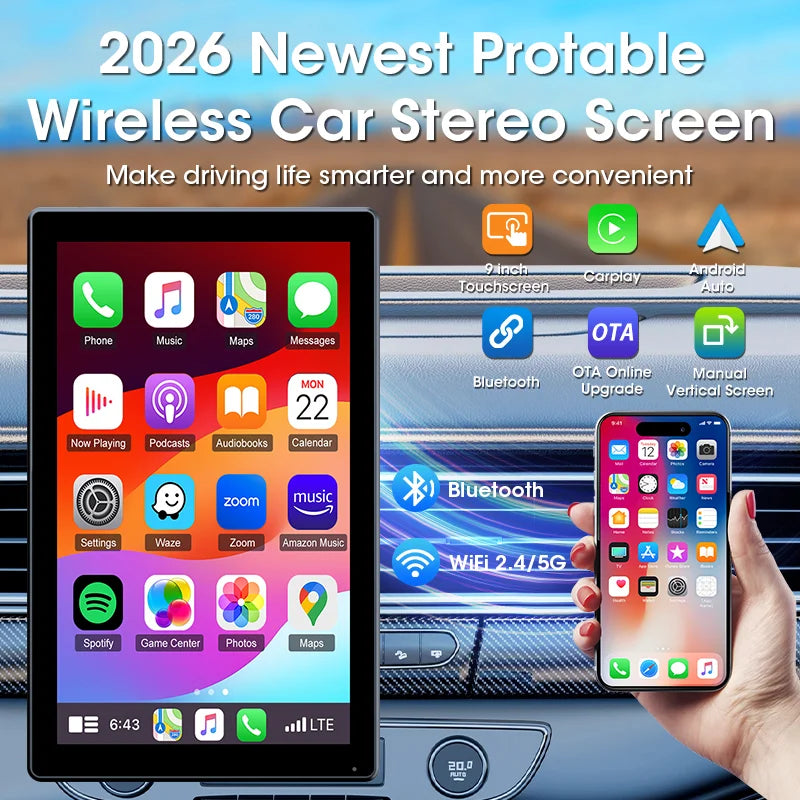 7/8/9'' Support Orientation & Portrait Car Mirror Radio Wireless