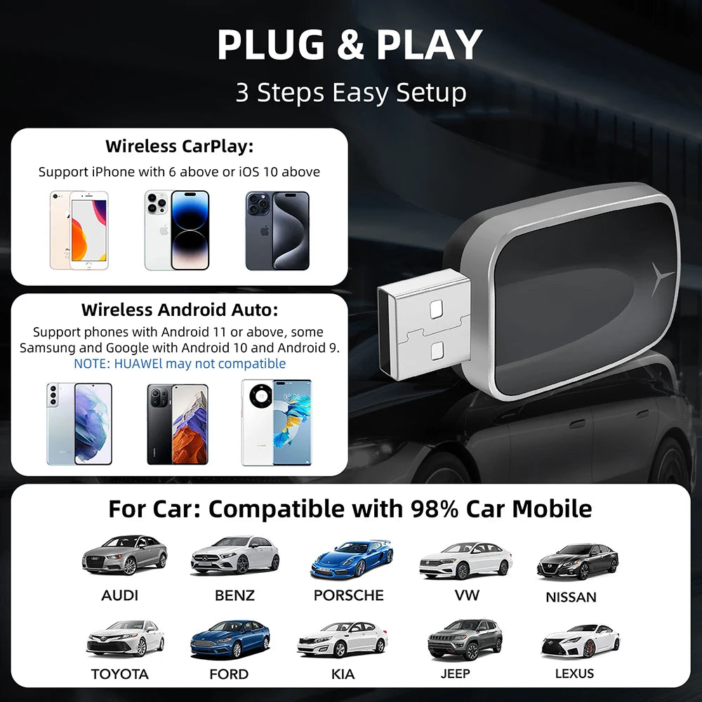 2-in-1 AI Car Adapter – Wired to Wireless CarPlay & Android Auto, WiFi Smart Dongle, Plug & Play