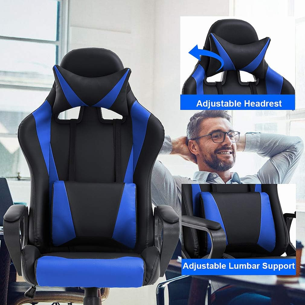 Blue High Back Ergonomic Gaming Chair With Lumbar Support