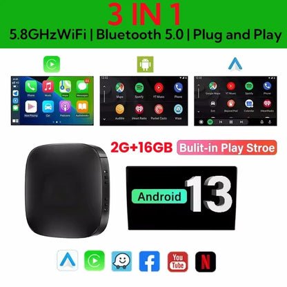 LEXXSON 3-in-1 CarPlay AI Box – Android 13, Wireless Android Auto, USB TV Adapter