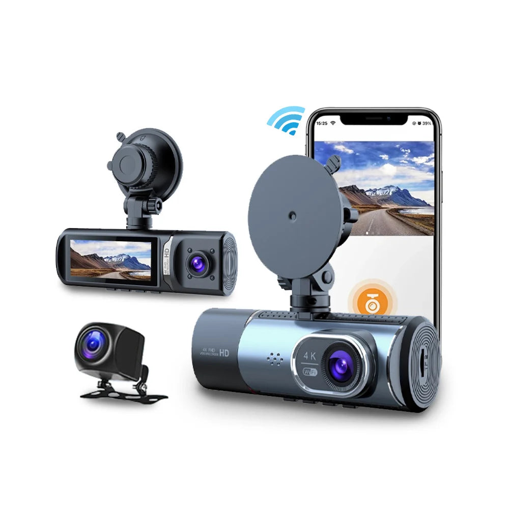 4K UHD 3 Channel Dash Cam with 5G WiFi, Night Vision, GPS & Loop Recording