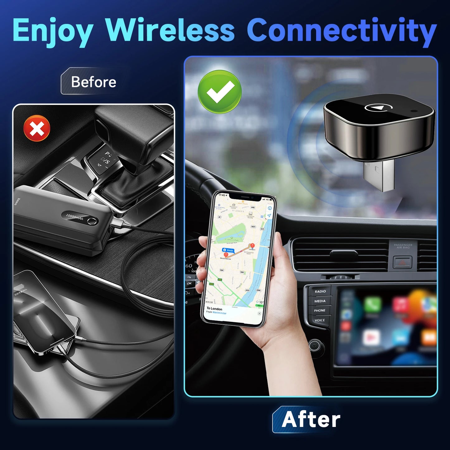 Pionray 2-in-1 Wireless CarPlay Adapter – Android Auto, AI Smart Box for All Cars