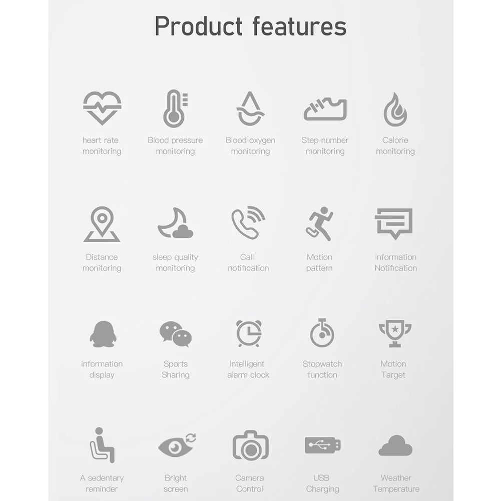 FLLF Fitness Bracelet Blood Pressure Measurement Pedometer Smart Band Heart Rate Monitor Waterproof Health Tracker Watch A