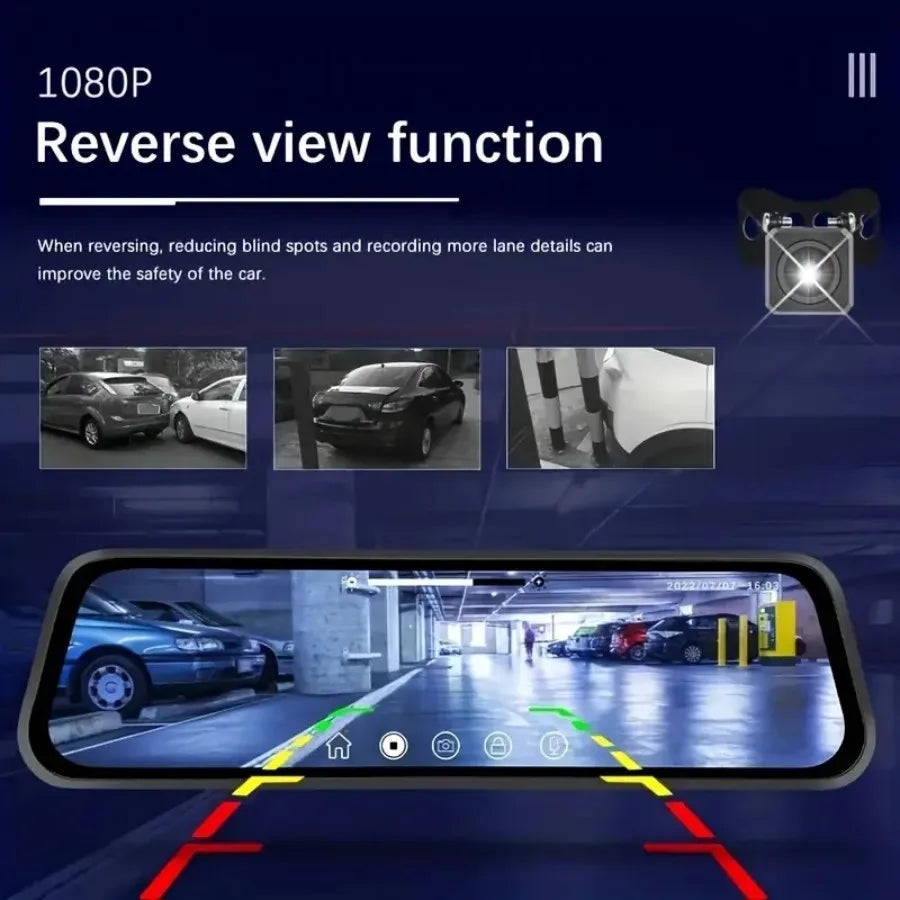 10" Touchscreen Mirror Dash Cam 1080P Front & Rear, G Sensor, Loop Recording