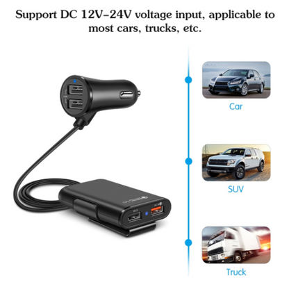 Back Seat Car Charger with 4 USB Ports QC3.0 Fast Charging & Clip Holder