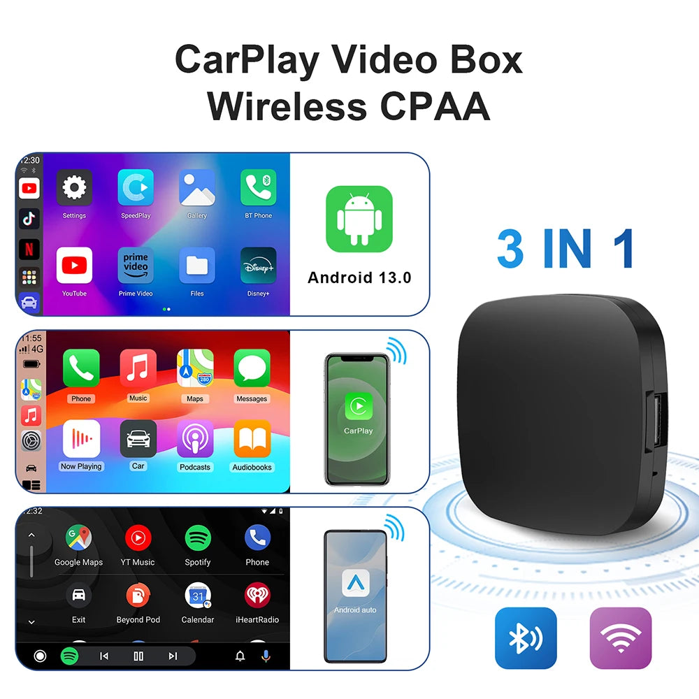 LEXXSON 3-in-1 CarPlay AI Box – Android 13, Wireless Android Auto, USB TV Adapter