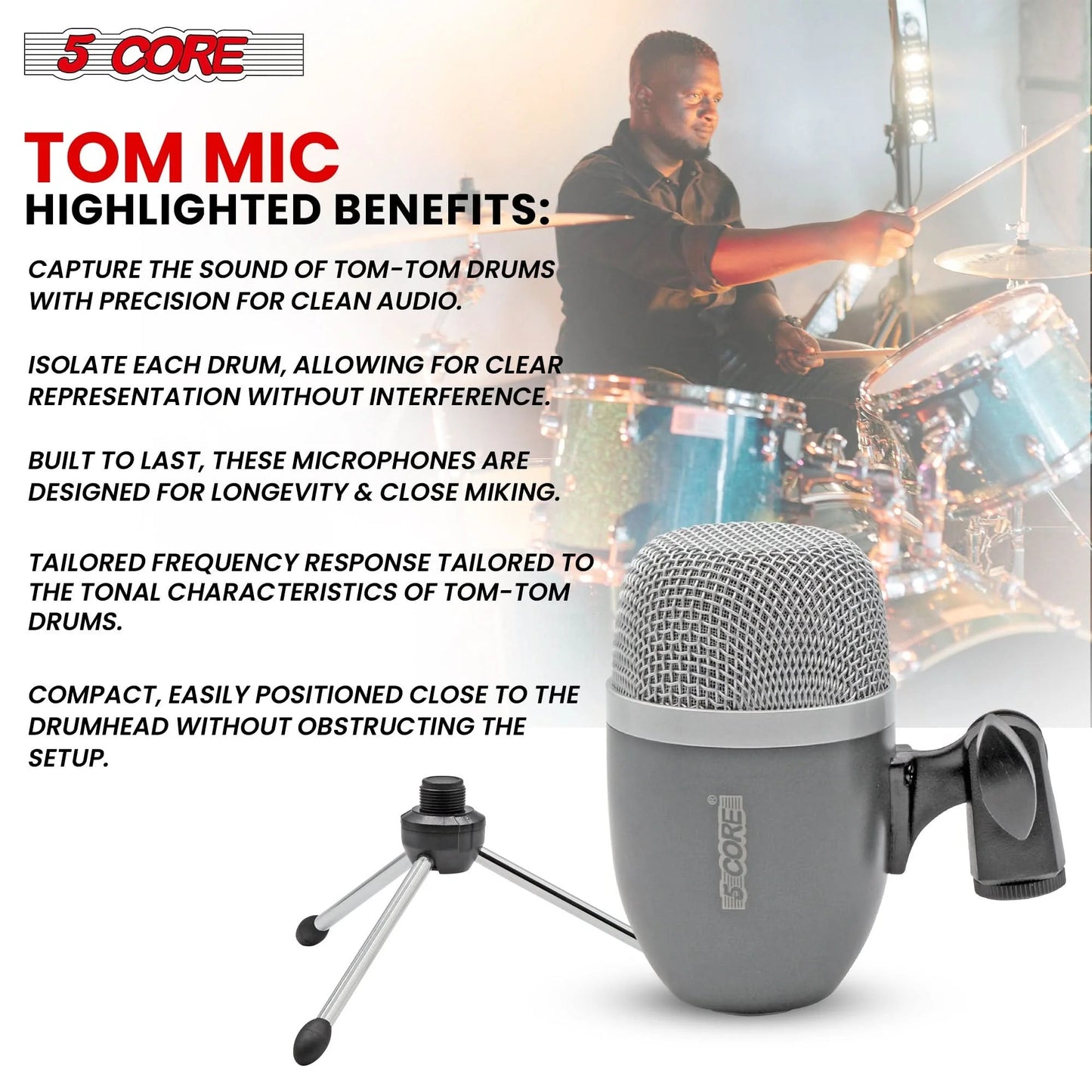 5Core Tom Snare Mic Cardioid Dynamic Microphone for Drum Kit