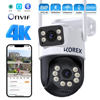 8MP 4K iCSee WiFi Camera PTZ Dual Screens Auto Tracking Night Vision CCTV Surveillance Camera Outdoor 6MP Security IP Camera