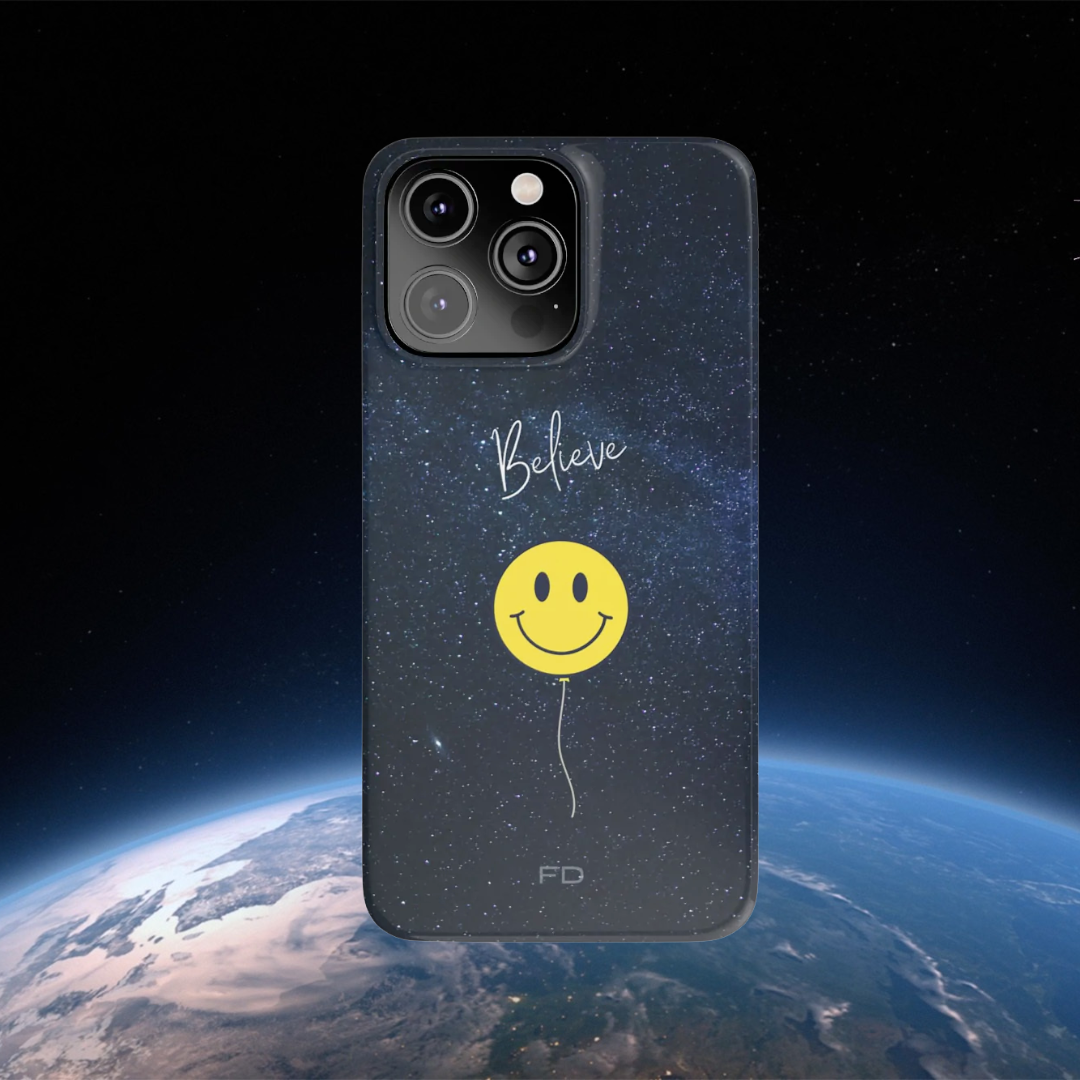 Smiley Face in Space "Believe" Slim iPhone 14 Case