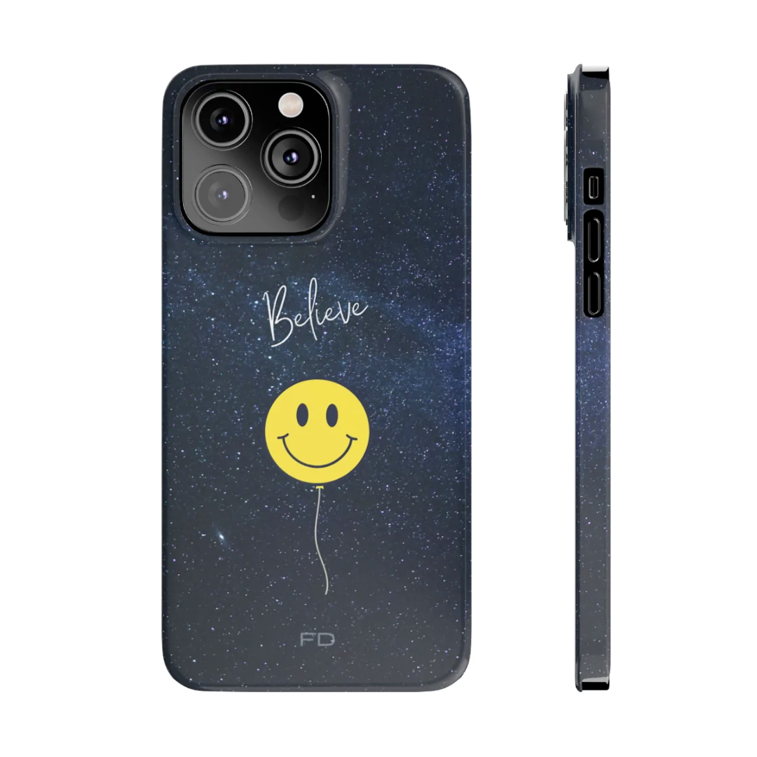 Smiley Face in Space "Believe" Slim iPhone 14 Case