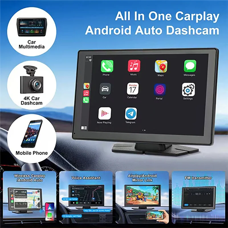 Wireless Carplay Car Stereo, 9 Inch Portable Car Audio With Front Rear 4K+1080P Dual Camera Dash Cam, Carplay Screen